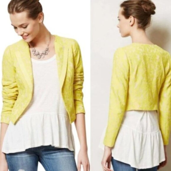 Anthropologie Elevenses Yellow Lace Cropped Blazer Jacket - Picture 1 of 7